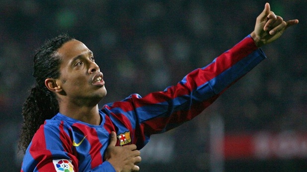 Barcelona's Ronaldinho celebrates goal against Sevilla during Spanish first division match in Barcelona
