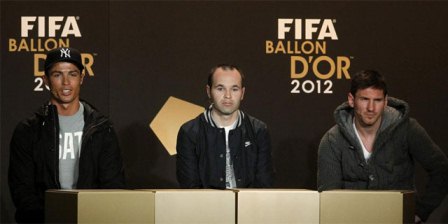 cristiano ronaldo iniesta y messi- rueda de prensa balon de oro 2012