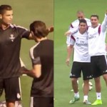 Cristiano Ronaldo se lleva a James Rodríguez a su rondo en el entrenamiento del Real Madrid