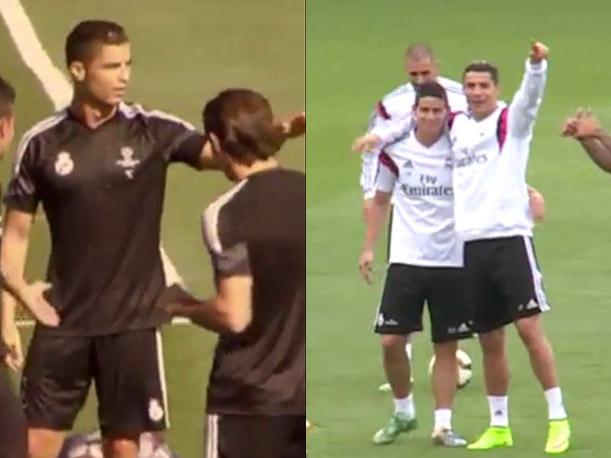Cristiano Ronaldo se lleva a James Rodriguez a su rondo en el entrenamiento del Real Madrid